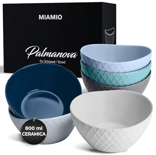 MIAMIO - 6 x 27 onzas - Juego de tazones / juego de cuencos para cereales - Cuencos modernos mate - Juego de cuencos grandes - Colección Palmanova (azul)