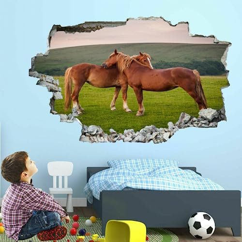 Wandaufkleber, Kunst, 3D-zertrümmertes braunes Pferd, abnehmbare Wandaufkleber, Tier-Wandbild, Schlafzimmer, selbstklebendes Vinyl, für Mädchen, Kinder, Schlafzimmer, Heimdekoration, Geschenk