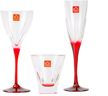 Lot de 18 verres à vin, 6 flûtes et 6 verres à eau en verre, transparent et rouge