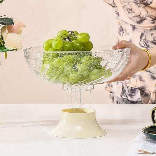 Dreamhousey Frutero Sala de estar Mesa de centro Cesta de aperitivos, Decoración Crema Engrosada Plástico Drenaje Frutero Soporte con Tapa (Transparente)