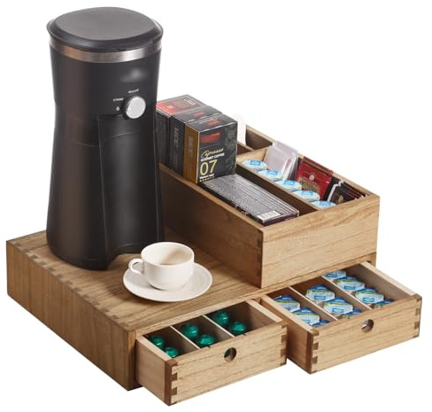 KIRIGEN Kaffee-Organizer, Kaffeestation, Schubladenbox Holz, Braun | 2 Schubladen, 4 Fächer; fertig montiert; Zapfenverbindungen; Pflanzenöl; 41 × 31 × 17 cm