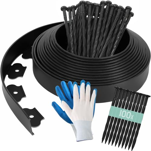 Bordo per Prato in Plastica 20 M, Bordo Giardino Flessibile, Bordura per Aiuola, con 100 Ancoraggi a Terra e 1 Paio di Guanti, Altezza 5 cm, Bordature da Giardino, Bordi Aiuole, Nero