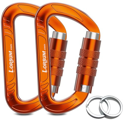 Lorsum Lot de 2 mousquetons à verrouillage automatique très résistants, 12 kN/1227 kg, poids léger (28,3 g), mousquetons robustes à verrouillage torsadé pour camping, randonnée, hamac, balançoire, sac