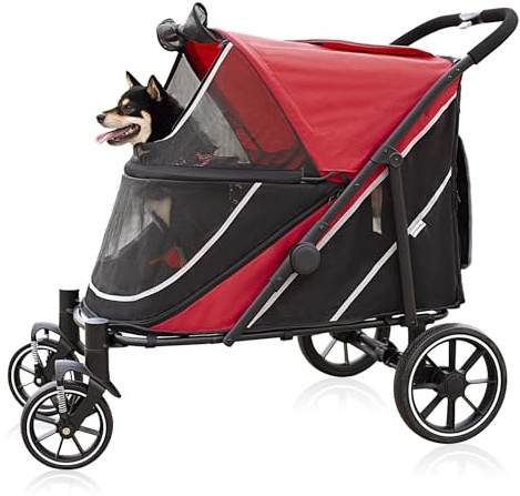 Dog Stroller for Medium/Large Dogs One-Click Folding, Extra Large Pet Stroller for 2 Dogs with Storage Pocket & Shock Absorption, Up to 130 lbs, Red