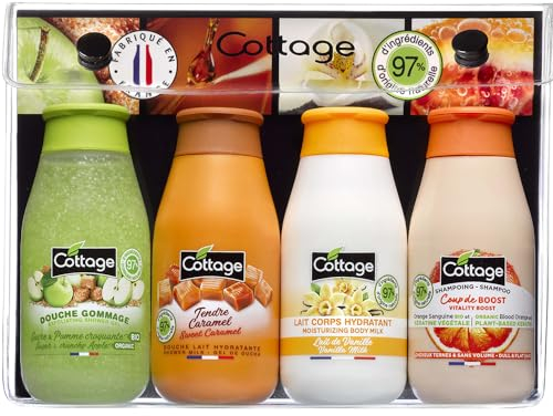 Cottage Kit Travel - Gel doccia scrub + gel doccia latte + latte corpo idratante + shampoo delicato - 97% ingredienti di origine naturale - 4 x 50 ml