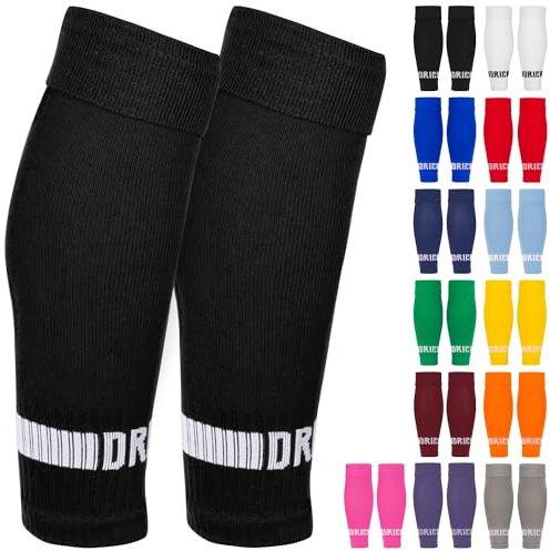 DRIPsox® Football Sock Sleeves - 3 Sizes for Kids, Men, Junior, Women (S:13C-3.5, M:4-7.5, L:8+) - Multiple Colours - 1 Pair (L) Black Football Sleeve Socks with Breathable Calf Comfort Mesh