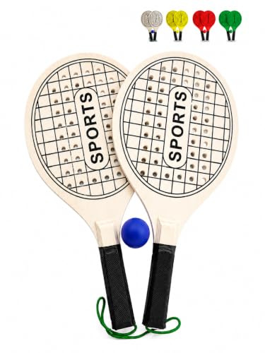 Generisch Raqueta de tenis de playa, 39 cm, perforada, de madera, para playa, tenis, piscina, fiesta, con pelota, playa, piscina, jardín