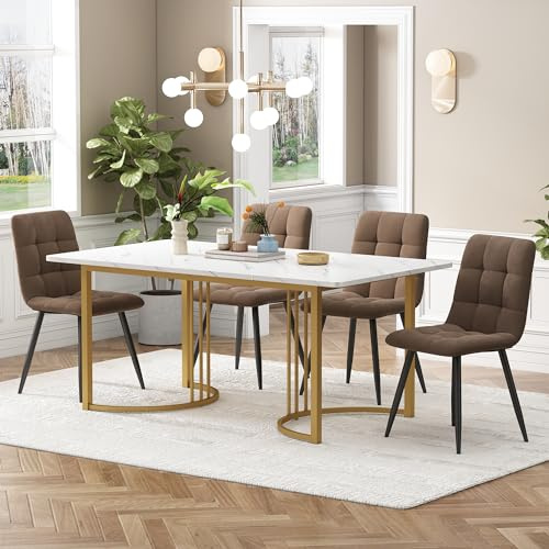 KUAKE Esstisch-Set mit 4 Stühlen 140x80 cm, Essgruppe mit 4 Stühlen aus Samt, Küchen-Esstisch für Zuhause & Familie, Gold Metall Tischbeine + 4 Beige Stühlen(Braun-A)
