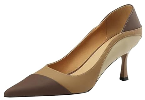 Högklackade damer klassisk spets – pumps kattunge klack stilett slingback pumps tvåfärgade klackskor stängda kvällsskor PU-läder festskor eleganta damskor, BRUN, 37 EU