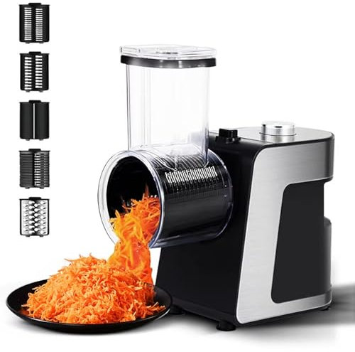 Rallador de queso eléctrico, trituradora eléctrica con 5 formas diferentes de cuchillas, picadora de queso para ensalada eléctrica para verduras, ensalada, zanahorias, patatas, fácil de limpiar