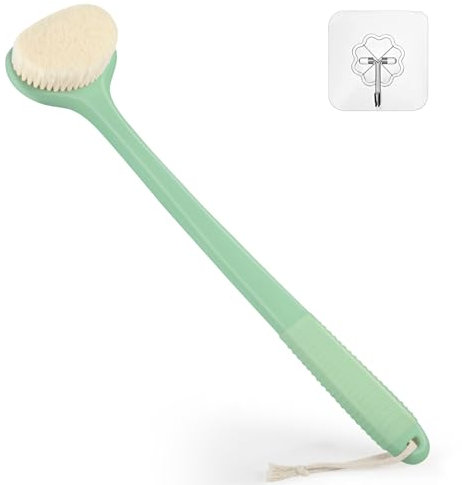 VANZAVANZU Back Scrubber for Shower, Bath Brush with 17-Inch Long Anti-Slip Handle, Wet and Dry Brushing Body Brush for Body Cleansing, Back Brush for Men and Women, Pea Green