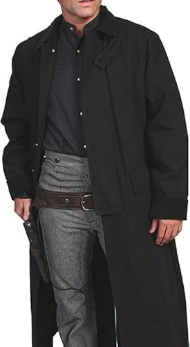 RUAZUA Men's western gunfighter cowboy old Vest mens black denim Cotton long coat duster Full Length Jackets, Balck Cowboy Coat, XL