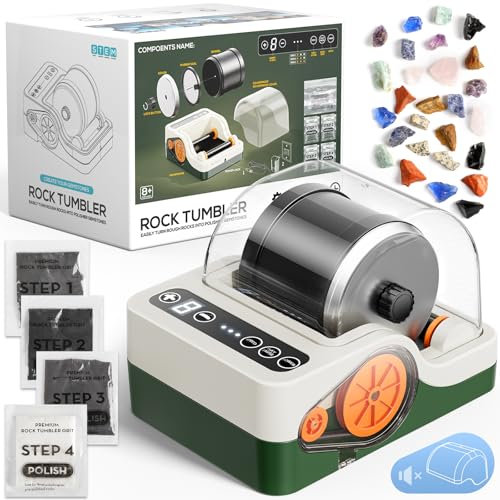 Jofuni Professional Low Noise Rock Tumbler Machine, Rocks Polishing Machine Kit with Noise Reduction Cover for Kids, Adults & Rock Collector, 3-Speed Motor & 9-Day Timer, Geology Hobby Toy Gift