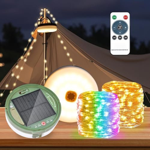 Guirlande Lumineuse Solaire Exterieure 10m - RGB+Blanc Chaud, 130 LEDs Portable Guinguette, Lampe de Camping, 13 Modes d'Éclairage avec Charge Solaire et USB