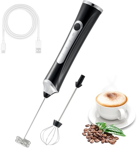 Freebala Handheld Electric Milk Frother with 2 Heads, Coffee Whisk Foam Mixer with USB Rechargeable 3 Speeds, Foam Maker Blender for Latte, Cappuccino, Hot Chocolate, Egg (Black)