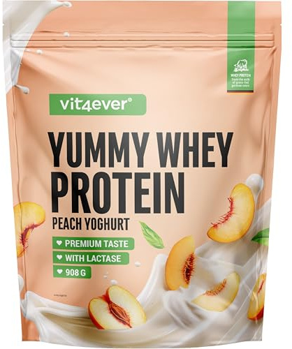 Yummy Whey Protéine Poudre - Yogourt à la pêche - Jusqu'à 22,5g de protéines par portion - Premium shake de protéines avec lactase & petit-lait allemand (908g)