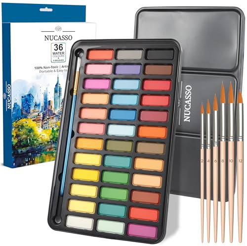 NUCASSO Watercolour Paint Set – 36 Colours, 7 Brushes & Travel Palette