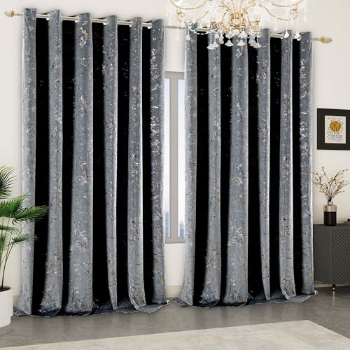 Heavy Thick Velvet Curtains Glitzy Printed Eyelet Ring Top Blackout Thermal Insulated Pair Panels for Bedroom Living Room Window Drapes (Grey, 90 x 54 in (228 x 137 cm))