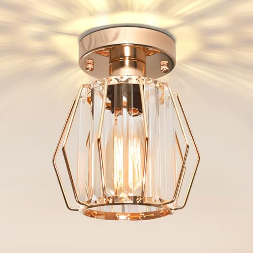Mlihove Hallway Ceiling Lights Crystal Lighting, Gold Samll Chandelier Modern Semi Flush Mount Ceiling Light Fitting for Entryway, Hall, Kitchen, Entrance, Bathroom