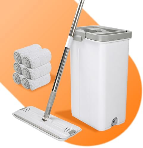 Mopa con Fregona Cubo Escurridor Mango Extra Largo Mopas de Limpieza Suelos Mopa para Limpiar Azulejos y Paredes Hogar Mop Trapeadora Autoescurrible Plana Microfibra Parquet Ventanas
