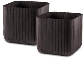 Keter Set de 2 Maceteros de Exterior Wood Planter, Cubo Redondo, 50L | 40x40x40 cm, color marrón