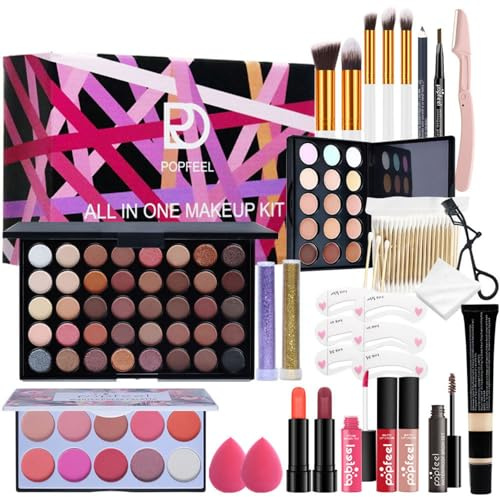 Hinourisha Kit de maquillage, coffret cadeau avec fard à paupières, brillant à lèvres, blush, correcteur, rouge à lèvres, mascara, pinceau, etc. Kit de maquillage pour adolescentes