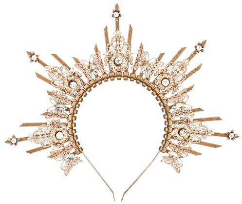 PartyforU Sun Goddess Halo Crown – Serre-tête vintage doré avec strass pour femme