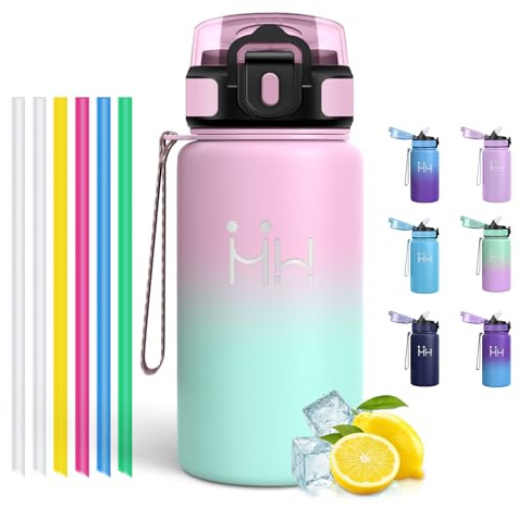 Motswedi Borraccia Termica 500 ml, con Cannuccia, Borraccia Acciaio Inox, per Bevande Calde e Freddo, Borracce Termiche, per Bici, Campeggio, Sport, Palestra, Rosa & turchese