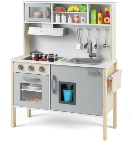 GOPLUS Cocina de Juguete para Niños de Madera, Cocina Infantil de Juguete con Microonda, Fregadero, Grifo, Placas de Gas, Campana Extractora, Heladera y Horno, 3+ años (Gris)