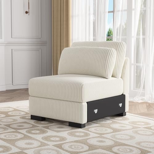 SUNFECILI Cord soffa, 1-sits, soffa, modulär med ryggstöd, 1-sitsigt vadderad relaxsoffa, för vardagsrum, lägenhet, kontor (beige, enkelsoffa)