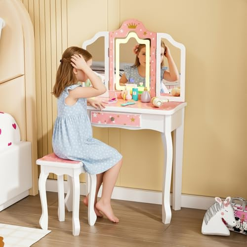 Bonnlo Schminktisch mit Hocker und Abnehmbarer Spiegel, Kindertisch mit Schublade und LED Beleuchtung für Mädchen ab 3 Jahren, Kronen-Muster Rosa