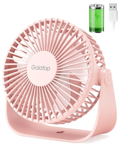 gaiatop Small USB Desk Fan, 3-10H Runtime Rechargeable Desktop Fan, 3 Speeds, 360° Rotatable, 1.5M Cable Usb Fan Silent Powerful Portable Mini Fan for Bedroom Office School Home Outdoor, Pink