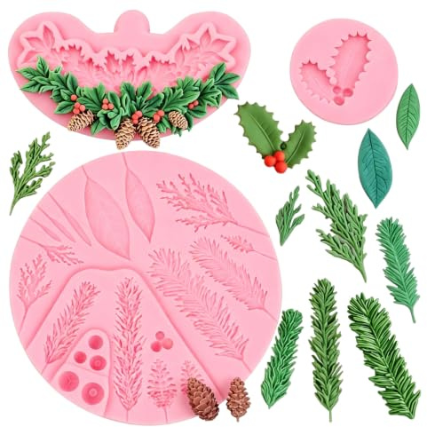 Set di stampi in silicone con foglie di agrifoglio a tema natalizio
