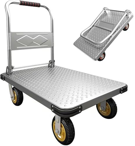 ZHOZHUT Klappbar Handwagen 650kg-1300kg Schwerlast Plattformwagen Stahl Transportwagen Mit Zurrgurten, Geräuschloser Plattformwagen Für Lebensmittel, Garage, Lager, Ausrüstung,Silber,M
