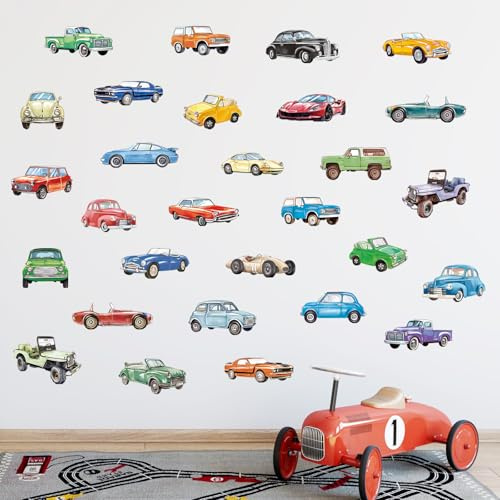 FUFUQUARE Watercolor Classic Car Wall Stickers Transportation Vehicle Wall Decals Peel and Stick Kids Boys Bedroom Nursery Wall Decor