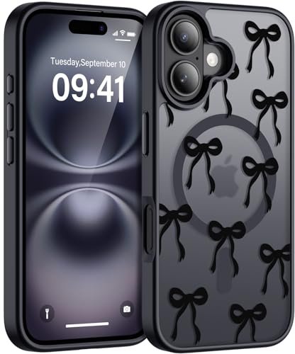 Natiiozie Magnetic Cute Bows Case for iPhone 16 Compatible with Magsafe, Phone Case Ribbon for Girly Women, Wireless Matte Slim Shockproof Protective Bumper Cover - Black