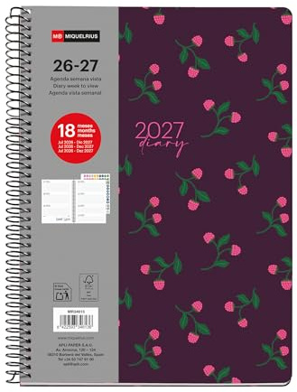 Miquelrius - Agenda Escolar 18 Meses 2026 2027 Semana Vista A5+, Berries | 18 Meses, 15,5 × 21,3 cm, 2 Páginas de Stickers, Espiral Metálico, Cubierta Rígida de Cartón, Español-EN-PT