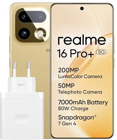 realme 16 Pro+ 5G Smartphone, Fotocamera Sony IMX890 OIS, 8GB RAM + 256GB ROM, Zoom Periscopico 120X, Snapdragon 7 Gen 4, Ricarica 80W, Dual SIM Android, Oro premium