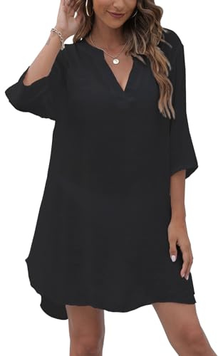 Rayson Camisolas Mujer Playa Manga Larga Vestidos de Playa Cuello V Color Sólido Ropa de Verano Blusa con Botón,Negro