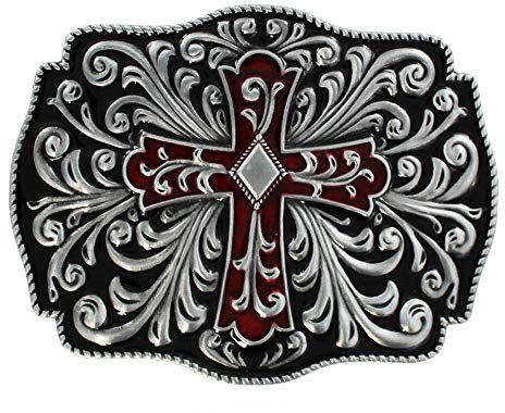 eeddoo® Gürtelschnalle - antikes Kreuz rot/schwarz verziert (Buckle für Wechselgürtel für Damen Herren | Belt Frauen Männer Oldschool Rockabilly Metall Gothic Wave Rock Biker Western Trucker Skull)