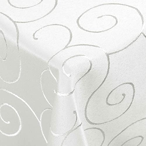 DecoHomeTextil Kringel Tischdecke Eckig 110 x 110 cm Weiß | schwere Qualtität, glänzend, Ornamente, Damast Tafeldecke