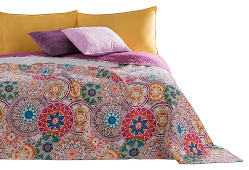 DecoKing 77177 Tagesdecke 220 x 240 cm rosa violett weiß bunt Bibi | anthrazit Bettüberwurf zweiseitig colourful pink white violet Steppung