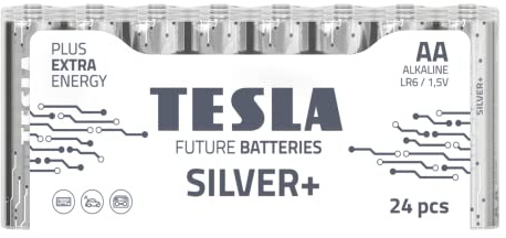 TESLA BATTERIES SILVER+ AA High Performance Alkaline Batteries, Micro Pencil Batteries, 10- Year Shelf Life, A Long-lasting Battery Life, Leak-free, LR06, 24 count [Pack of 1]