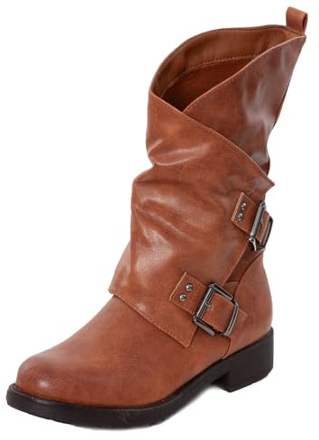 Toocool - Botas bajas para mujer, botas de motorista, botines con hebillas, botas militares SA9907, camel, 39 EU