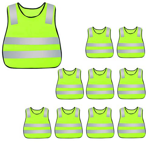 AIEOE Giubbotti di sicurezza per bambini giubbotto di sicurezza ad alta visibilità giubbotti riflettenti a 360 gradi per ragazzi ragazze auto bicicletta jogging, Giallo fluo, 10 pezzi, Taglia Unica