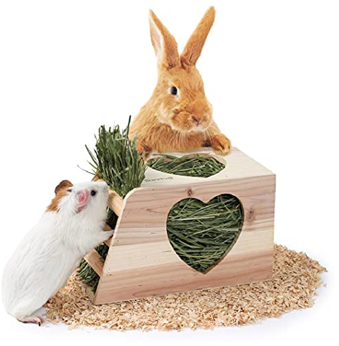 JanYoo Hay Feeder for Rabbits Wooden Holder for Cage Large Rack Hanging Food Manager Less Waste Dispenser Bunny Accessories