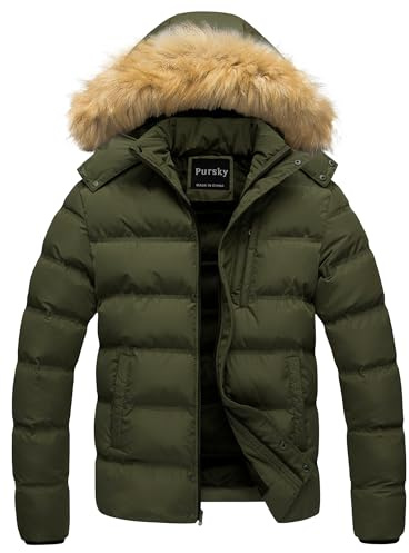 Pursky Mens Puffer Jacket With Hood Warm Parka Jacket Anorak Jacket Winter Coat with Detachable Hood Faux-Fur Trim Army Green L
