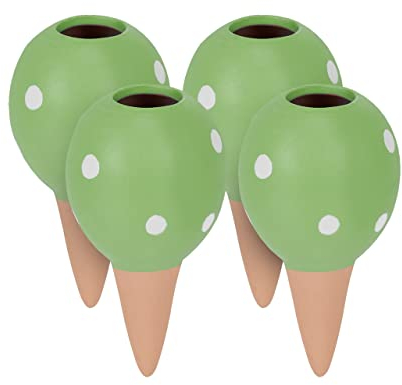 Relaxdays Tonkegel Bewässerung, 4er Set, je 100 ml Volumen, Gießkugel für Zimmerpflanzen & Balkonkästen, grün/terrakotta