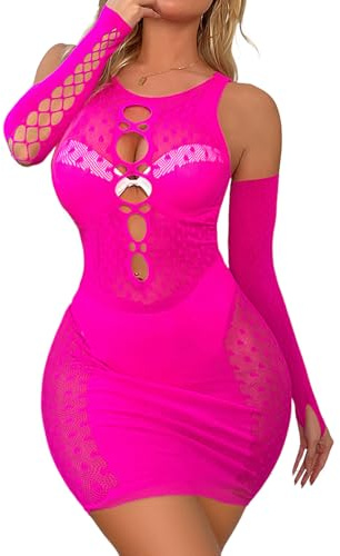 Buitifo Dam sexiga underkläder, kort klänning av fisknät, babydoll, bodysuit nät, flexibel miniklänning, nattkläder, ROSA, M
