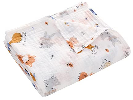 Miracle Baby Muselina bebé,110x150cm,Manta de Algodón,Swaddle Blanket de Arrullo para Bebe,Baño De Envolver para Recién Nacido(Bosque Animales,Sola Capa)